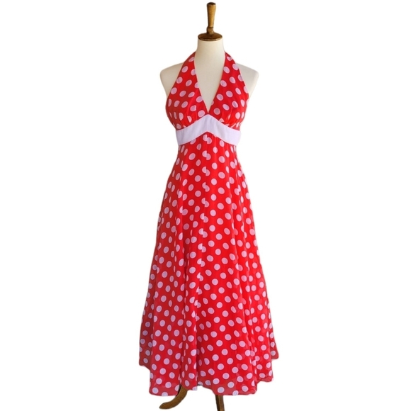 Vintage 1950's Handmade Red & White Polka Dot Halter Ankle Length Dress - Picture 2 of 6